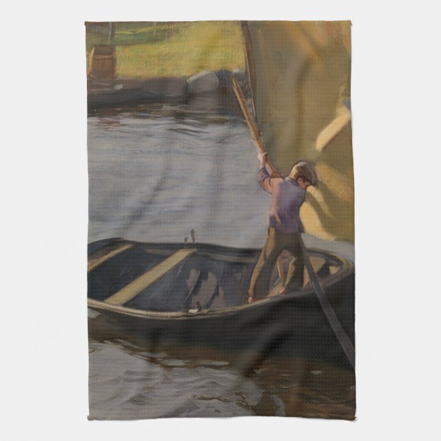 Boy in a Sailboat on the River (by Magnus Enckell) Tea Towel (Vertical)