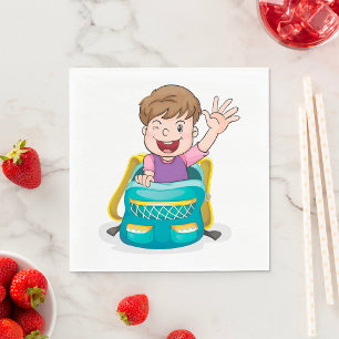 Boy in Backpack Waving Fun School Kid Napkin