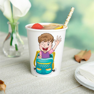 Boy in Backpack Waving Fun School Kid Paper Cups