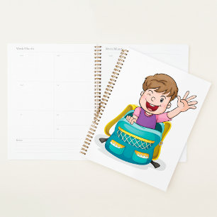 Boy in Backpack Waving Fun School Kid Planner