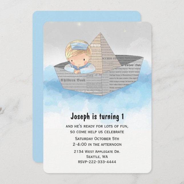 Boy in Boat Babys First Birthday Invitation (Front/Back)