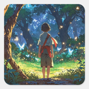Boy in magical forest square sticker