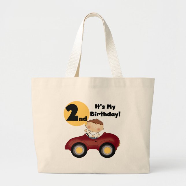 Boy in Red Car 2nd Birthday Tshirts and Gifts Large Tote Bag (Front)