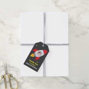 Boy in Rocket Ship Space Birthday Party Gift Tags