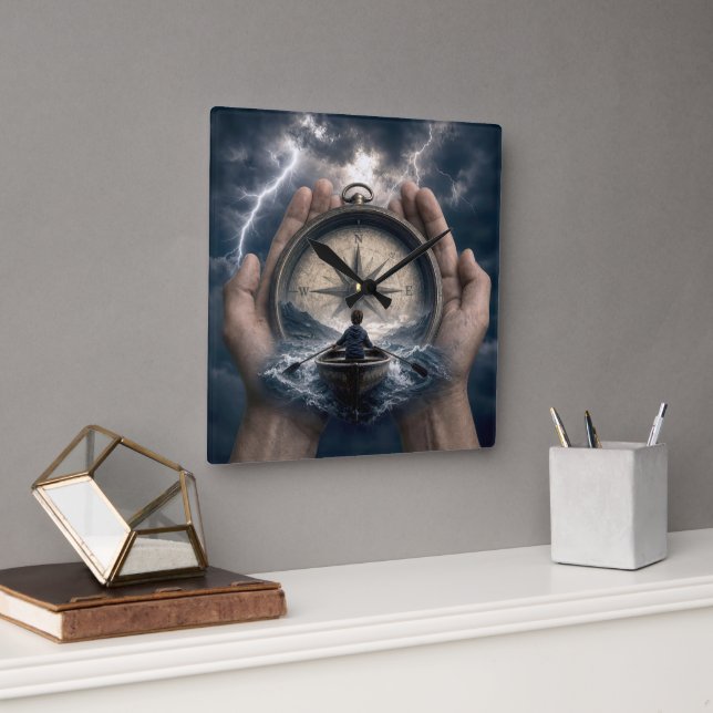 Boy in Rowboat Guided by a Compass Square Wall Clock (Office)