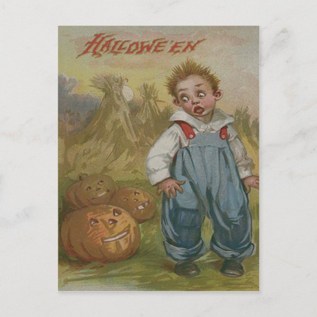 Boy Jack O Lantern Pumpkin Haystack Full Moon Postcard (Front)