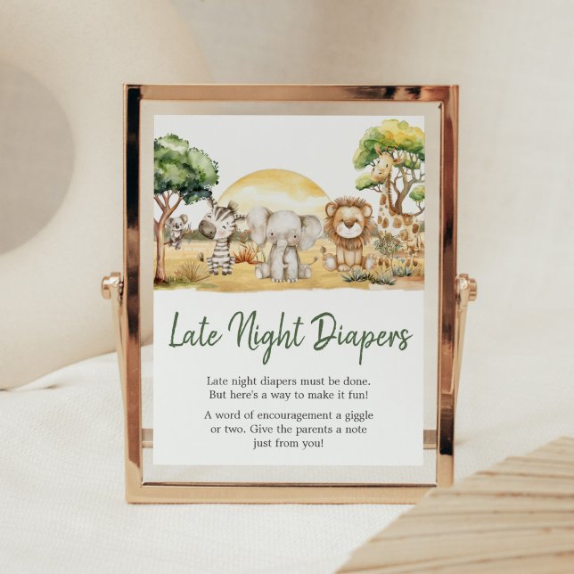 Boy Jungle Safari Animals Late Night Diapers Poster (Safari Baby Shower Late Night Diapers Sign)