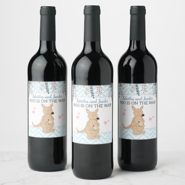 Boy Kangaroo Wine Label Boho Baby Shower (Bottles)