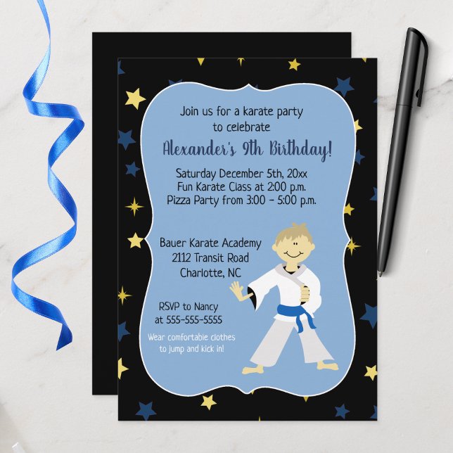 Boy Karate Birthday Invitations Blue Belt (Karate Birthday Invitation for a Boy)