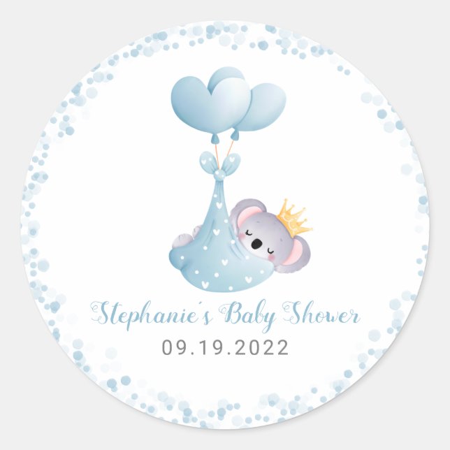 Boy Koala Bear Blue Baby Shower Classic Round Sticker (Front)