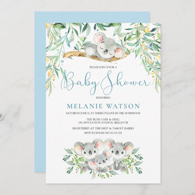 Boy Koala Bush Babies Baby Shower Invitations (Front/Back)