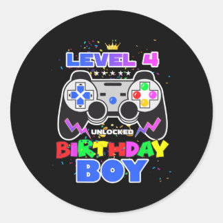 Boy Level 4 Unlocked Video Game 4th Birthday Gamer Classic Round Sticker