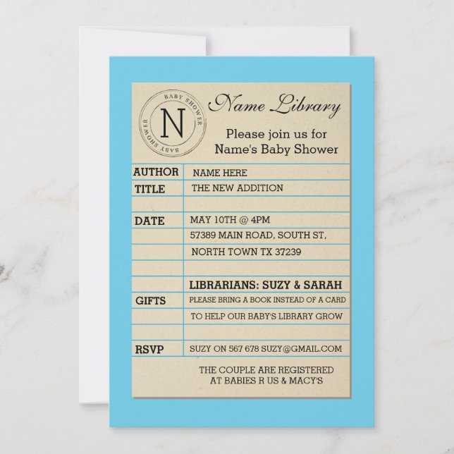 Boy Library Card Baby Shower Blue Invitation (Front)