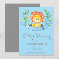 Boy Lion Baby Shower Invitation Blue and Grey