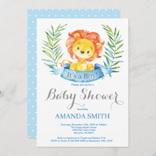 Boy Lion Baby Shower Invitation Blue and Grey