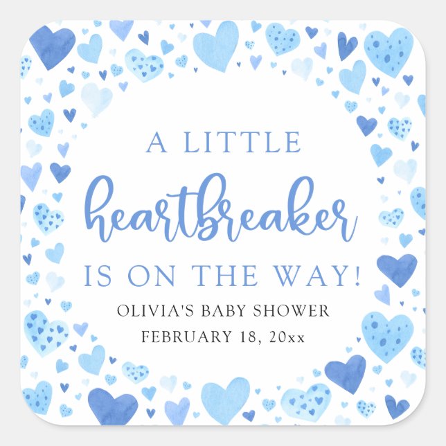 Boy Little Heartbreaker Blue Valentine Baby Shower Square Sticker (Front)