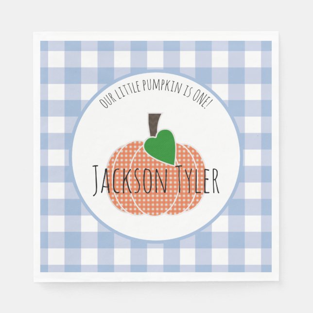 Boy Little Pumpkin Blue Buffalo Plaid 1st Birthday Napkin (Front)