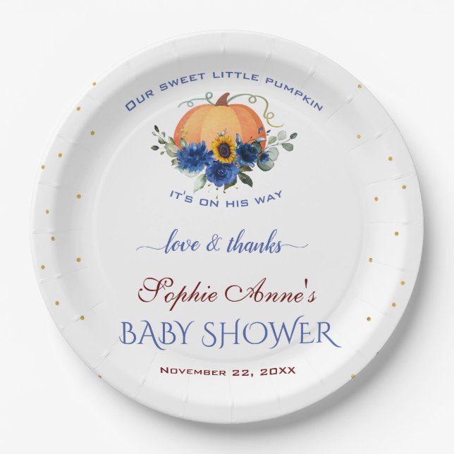  Boy Little Pumpkin Thanksgiving Baby Shower   Pap Paper Plate (Front)