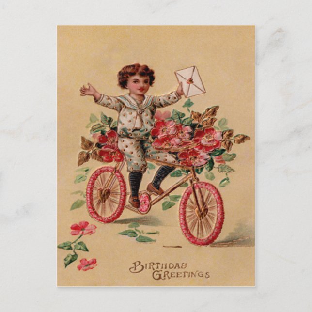 Boy Mail Pink Flower Bicycle Birthday Postcard (Front)