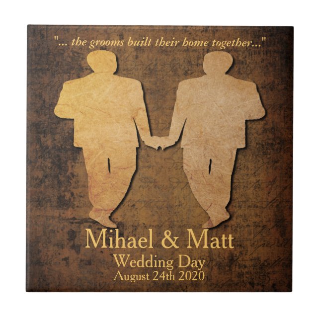 Boy Meets Boy Gay Wedding Gift Tile for Grooms (Front)