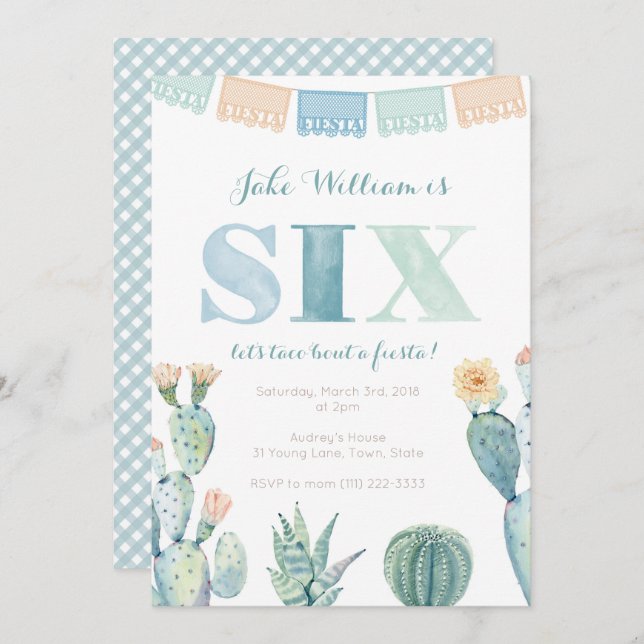 Boy Mexican fiesta Cacti 6th Birthday Party Invitation (Front/Back)
