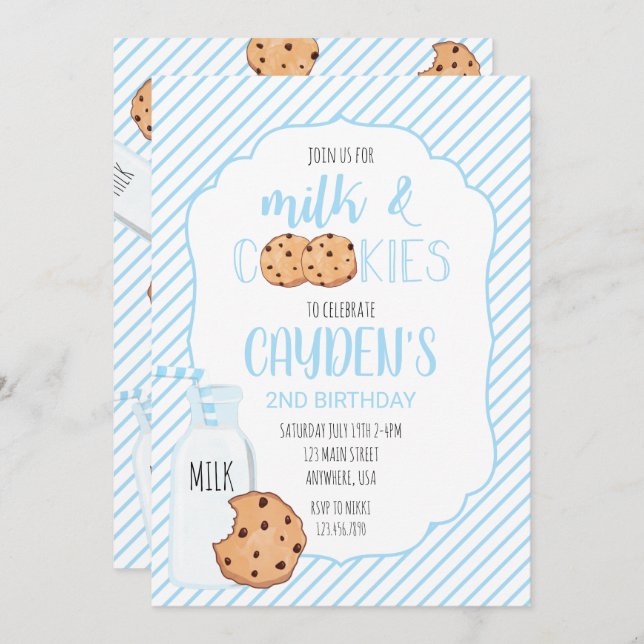 Boy Milk and Cookies blue Birthday Invitation (Front/Back)