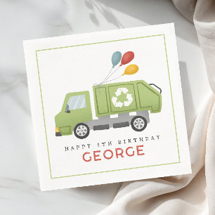 Boy Modern Green Garbage Trash Truck Birthday Napkin