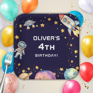 Boy Modern Space Rocket Ship Birthday Party Paper Plate