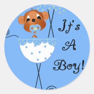 Boy Monkey in Carriage It's a  Boy Cards Classic Round Sticker