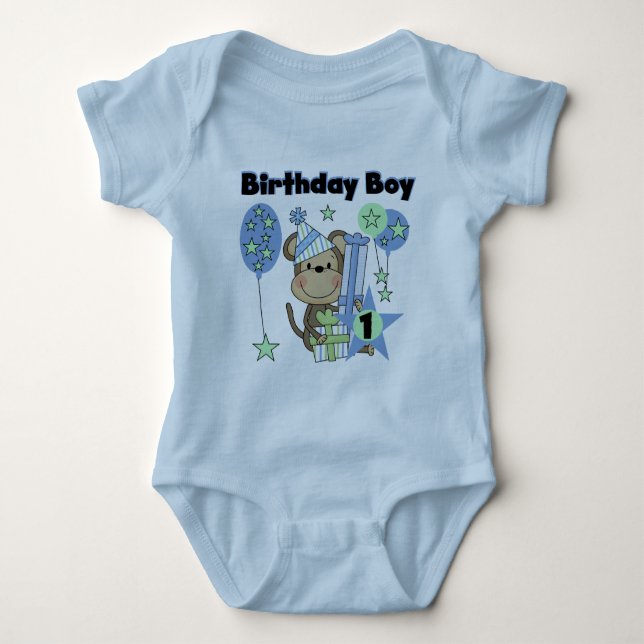 Boy Monkey With Gifts 1st Birthday Baby Bodysuit (Front)