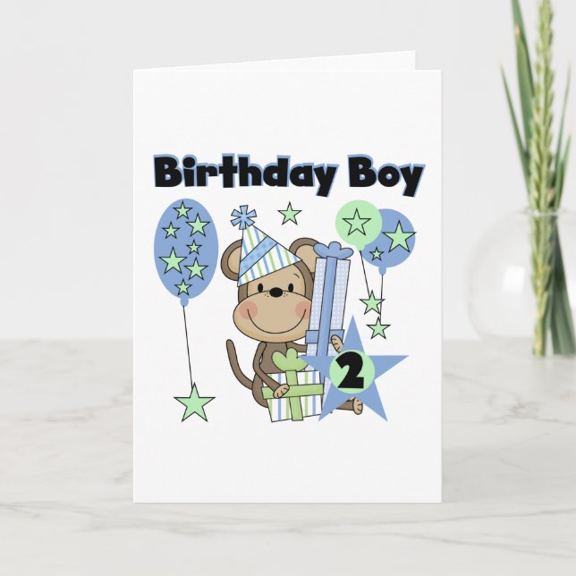 Boy Monkey With Gifts 2nd Birthday Tshirts Card (Front)
