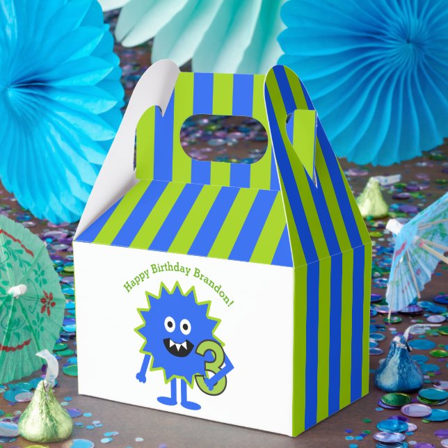 Boy Monster 3rd Birthday Blue Green Stripes Cute Favour Box (Party)