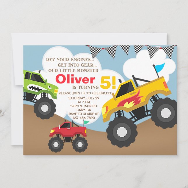 Boy monster trucks birthday invitation. invitation (Front)