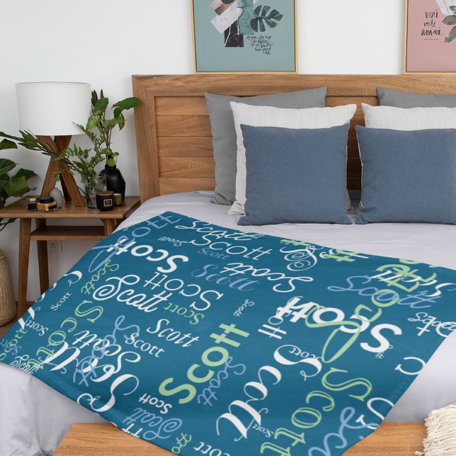 Boy Name Typography ocean-blue colour Fleece Blanket (Creator Uploaded)