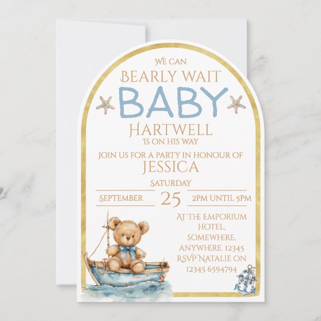 Boy Nautical Bear In A Boat Baby Shower Invitation (Front)