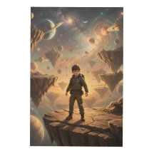 Boy Navigates Floating Islands in Cosmic Nebula