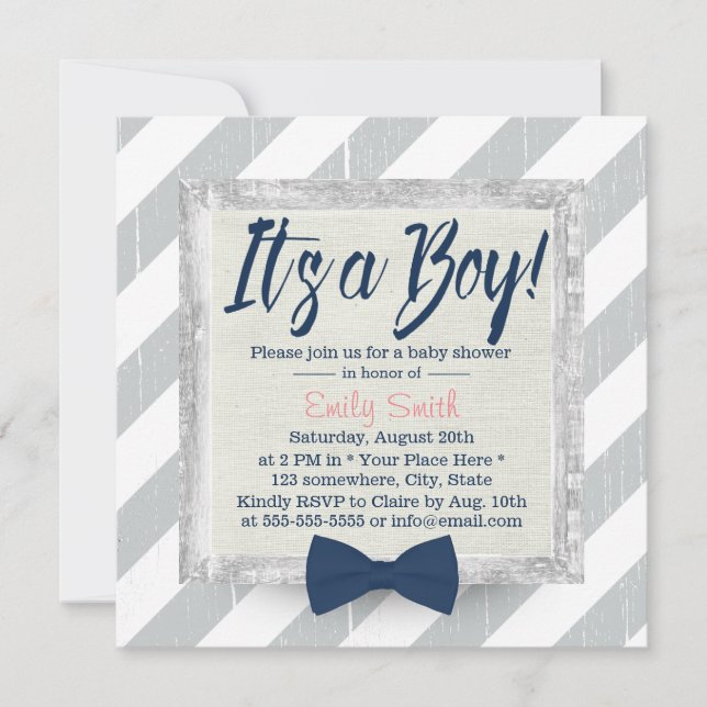 Boy Navy Blue Bow Tie Grey Stripes Baby Shower Invitation (Front)