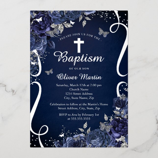 Boy Navy Silver Floral Butterfly Baptism  (Front)