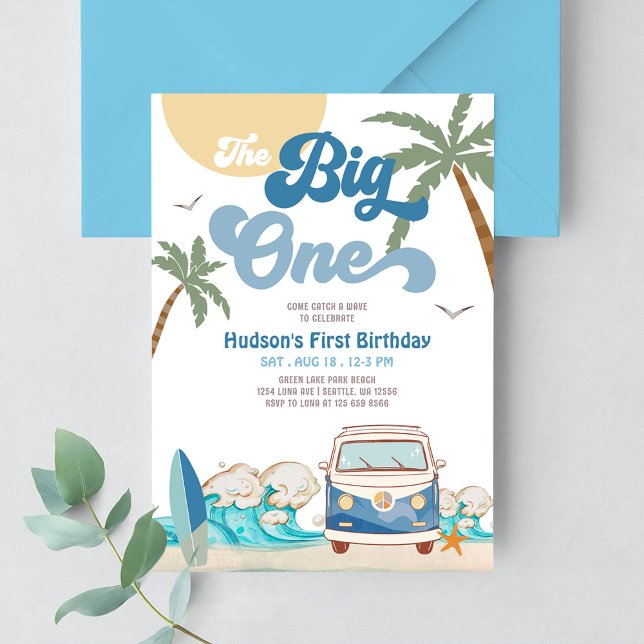 Boy Navy The Big One Surfing 1st Birthday Party Invitation (Creator Uploaded)