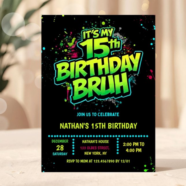 Boy Neon 15th Birthday Invitation Graffiti Style (neon 15th birthday invitation, fifteen birthday invitation, editable 15th birthday invitation, neon )