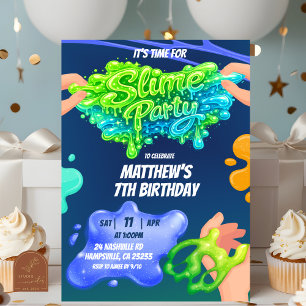  Boy Neon Blue Green Slime Birthday Invitation
