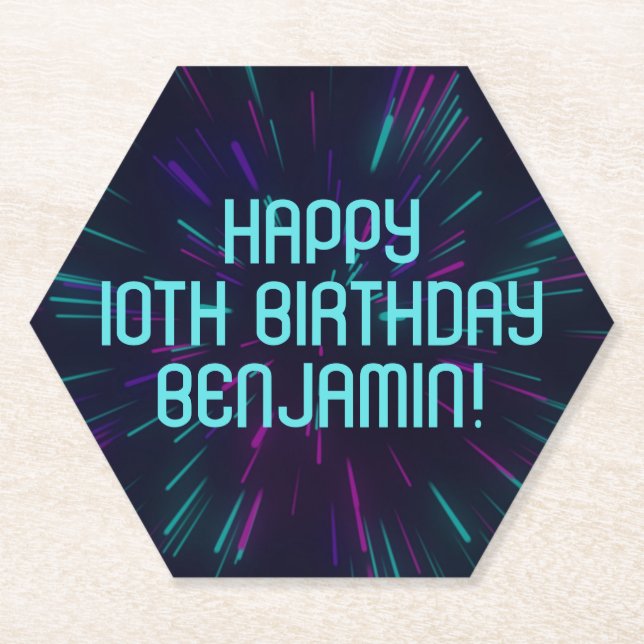 Boy Neon Teal Glow Party Paper Coaster (Front)