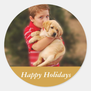 Boy & New Puppy for Christmas Classic Round Sticker