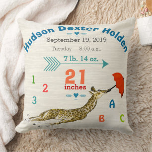 Boy Nursery Baby Birth Stats Giraffe Arrow Pattern Cushion