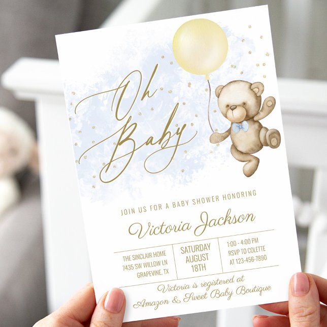 Boy Oh Baby Bear Balloon Baby Shower Invitation (Creator Uploaded)