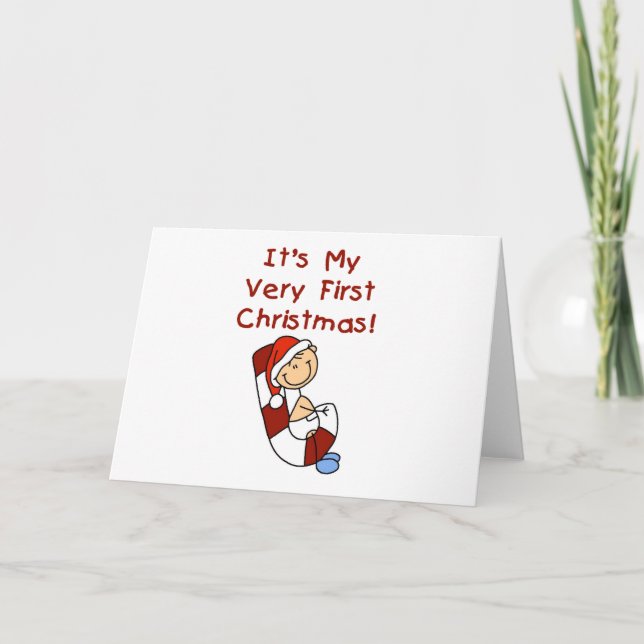 Boy on Candy Cane 1st Christmas Holiday Card (Front)