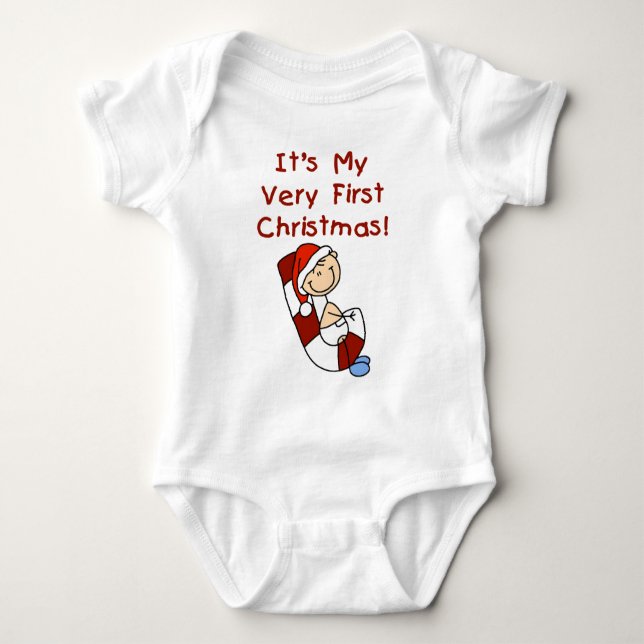 Boy on Candy Cane 1st Xmas Baby Bodysuit (Front)