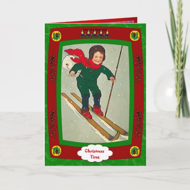 Boy on skis holiday card (Front)