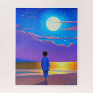 Boy on the Beach, Gazing at the Moon Jigsaw Puzzle