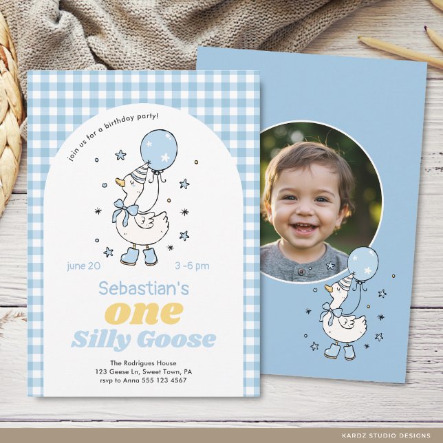 Boy One Silly Goose 1st Birthday Invitation (The front and back of the invitation are shown in a 5x7-inch size. Choose size, paper, and corner.)